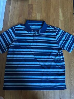 Reebok Navy and Light Blue Striped Polo